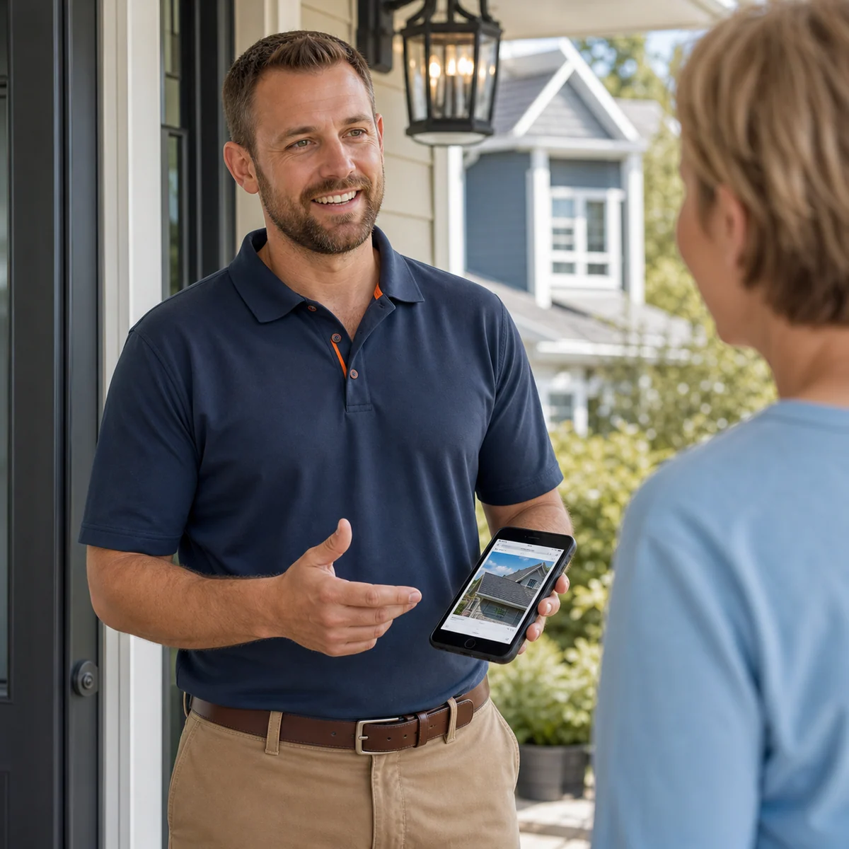 A roofing rep at a homeowner's front door showing a branded roof report on his phone